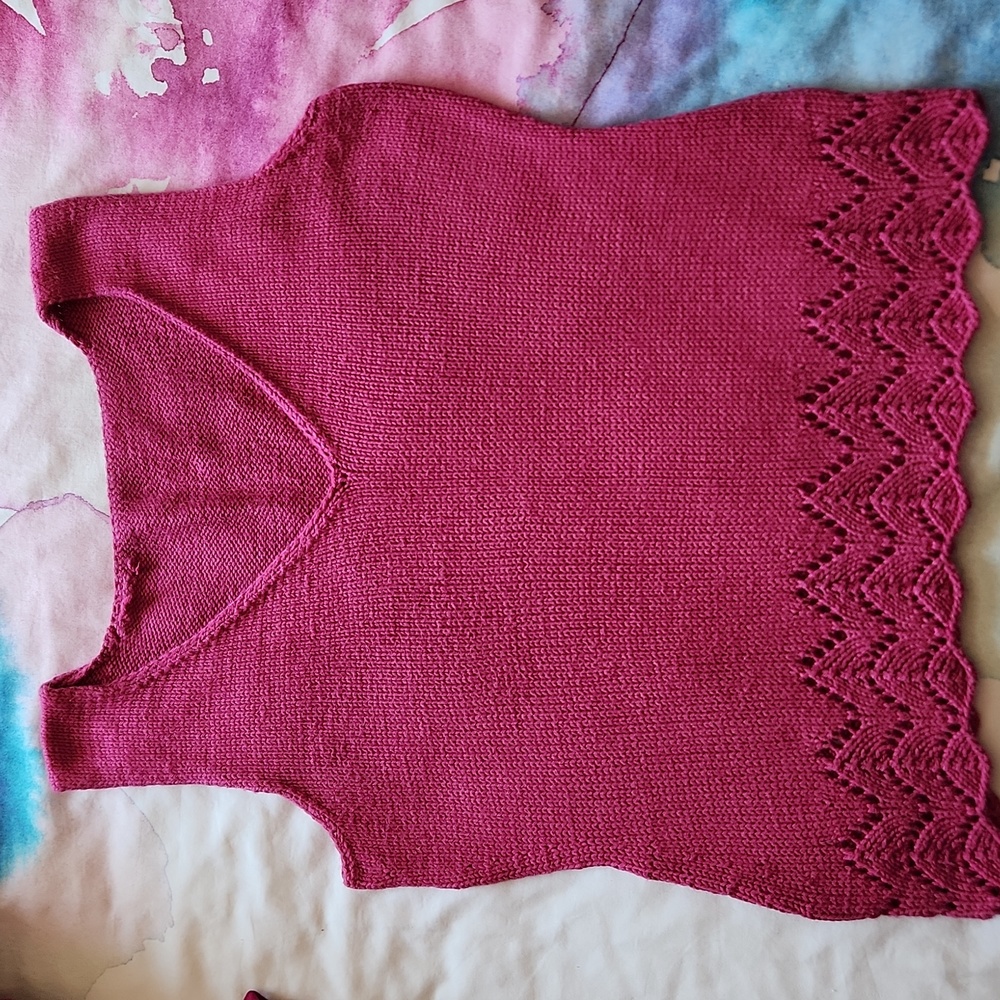 Hand knit pink cotton sweater vest, size large
